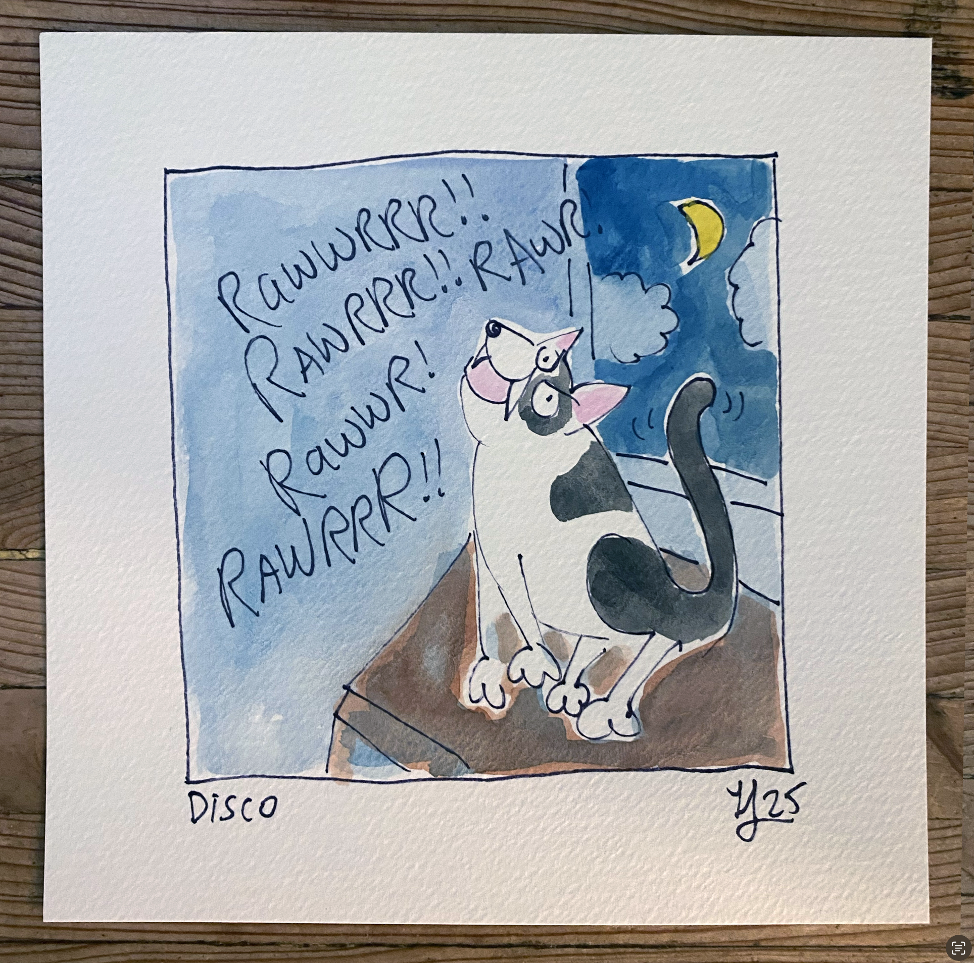 funny watercolor painting of a black and white cat howling at the moon.