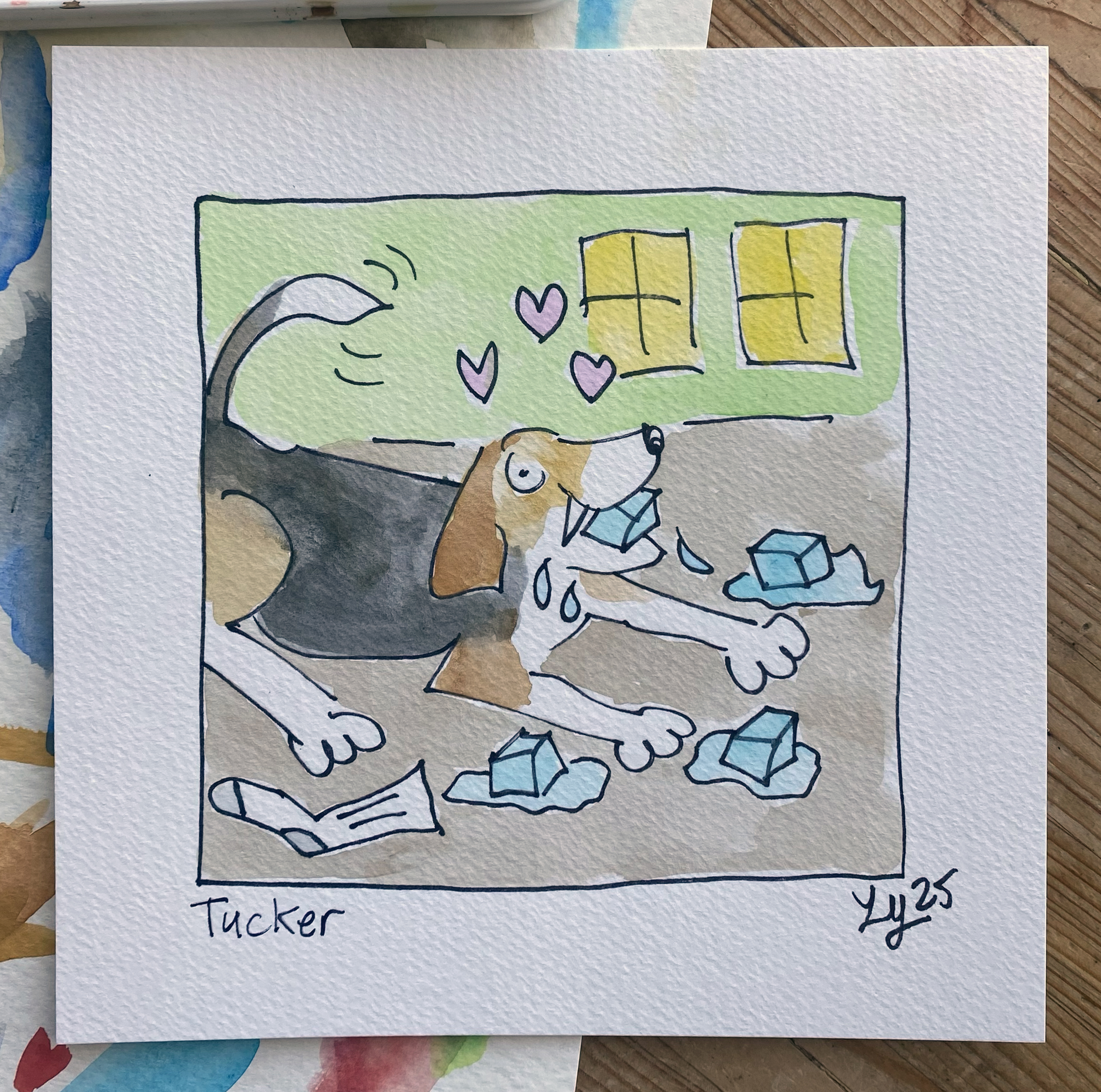 Watercolor painting of a beagle eating ice cubes.