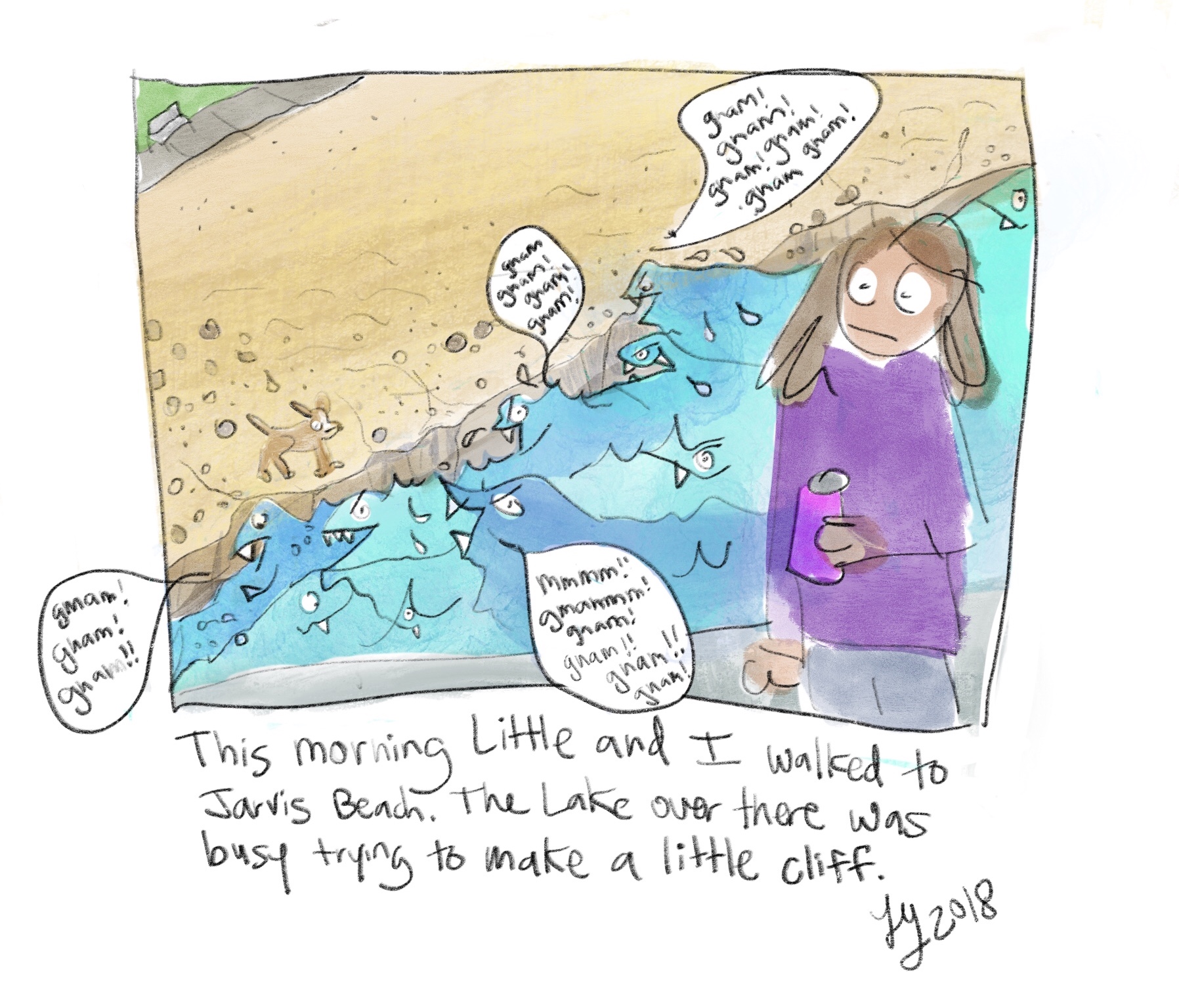 I drew this comic about Lake Michigan. I live in Rogers Park so I see the lake every day. Every day it is up to something new. The other day it was working on a little cliff over by Jarvis.