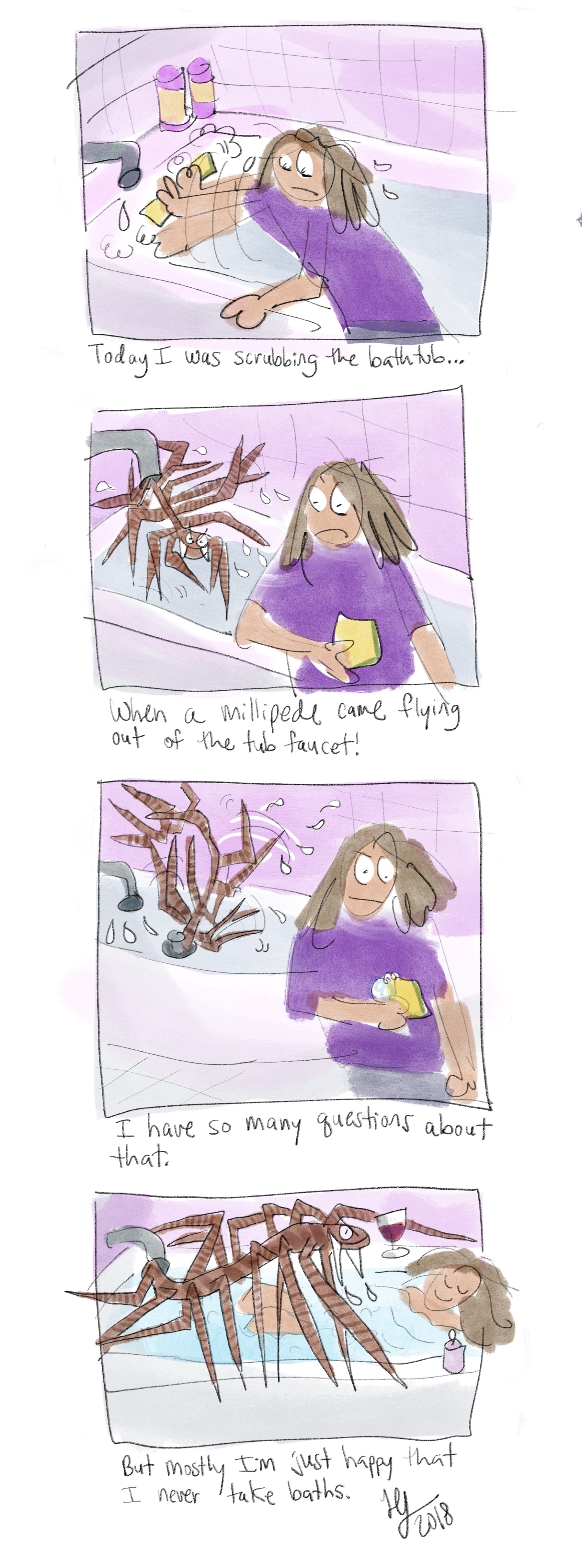 I like drawing comics about millipedes. I have not seen many since I moved, but a big one fell out of the bathtub faucet the other day. 